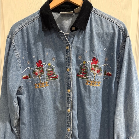 Basic Editions Denim Christmas Cardinal Embroidered Shirt Black Velvet Collar - Picture 2 of 7